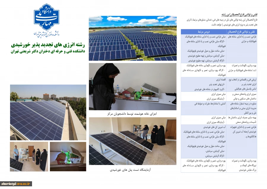 قابل توجه دارندگان دیپلم ریاضی-فیزیک، علوم تجربی و فنی-حرفه‌ای الکترونیک: پذیرش کاردانی انرژی تجدیدپذیر خورشیدی در دانشکده ملی‌مهارت شریعتی تهران ویژه دختران  2