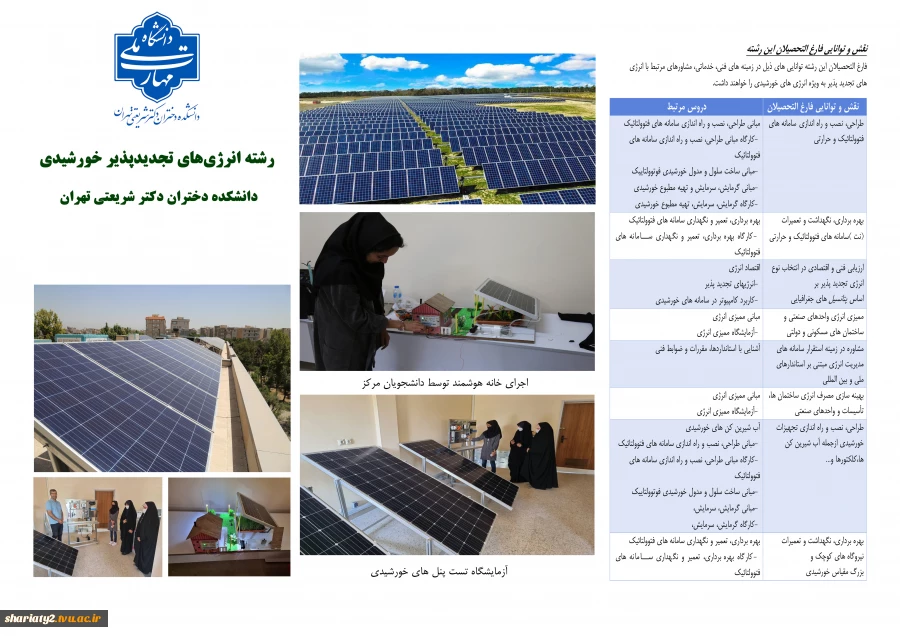 قابل توجه دارندگان دیپلم ریاضی-فیزیک، علوم تجربی و فنی-حرفه‌ای الکترونیک: پذیرش کاردانی انرژی تجدیدپذیر خورشیدی در دانشکده ملی‌مهارت شریعتی تهران ویژه دختران 3
